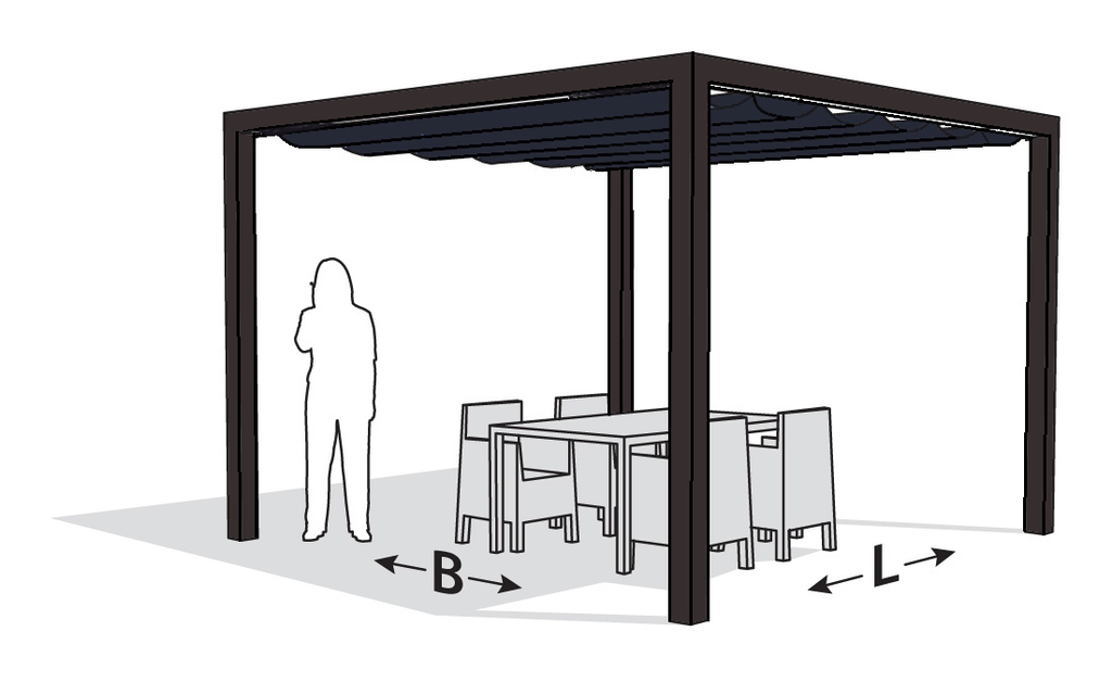 Platinum Sun & Shade pergola Optiva 319x419, including a Prosail waterproof harmonica shade sail, Anthracite.