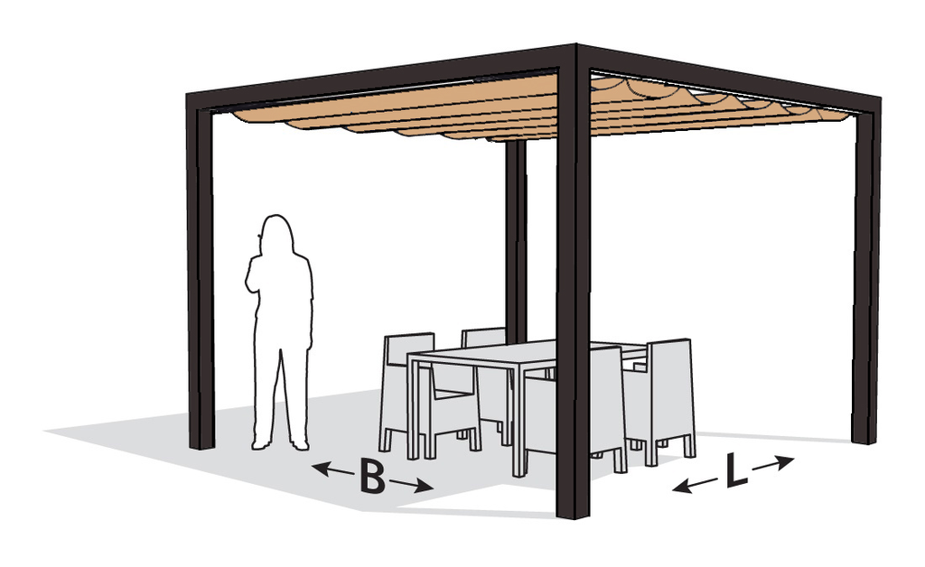 Platinum Sun & Shade pergola Optiva 319x319, including a Coolfit harmonica shade sail, Sand.