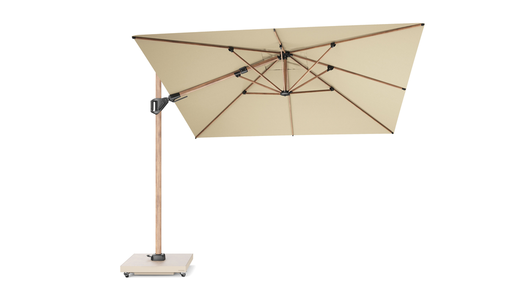 Platinum Sun & Shade zweefparasol Challenger T² Teak look frame, 300x300 Champagne.