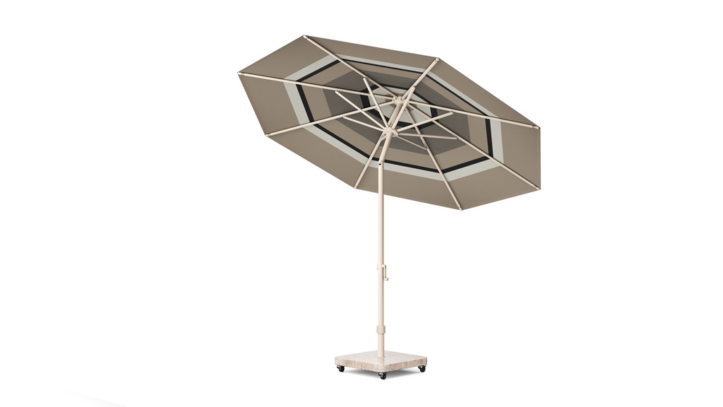 Platinum Sun & Shade middenstokparasol Nesso premium Ø300 met Sandstone frame en Champagne stripe Refined doek