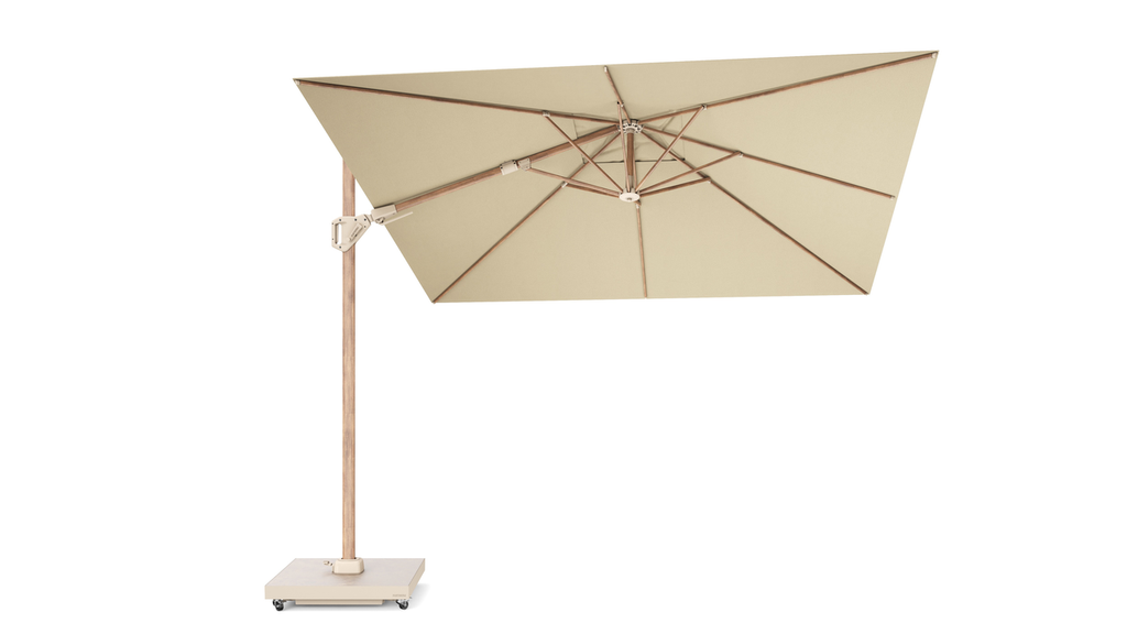 Platinum Sun & Shade parasol déporté Challenger T² structure Teak look, 300x300 Champagne.